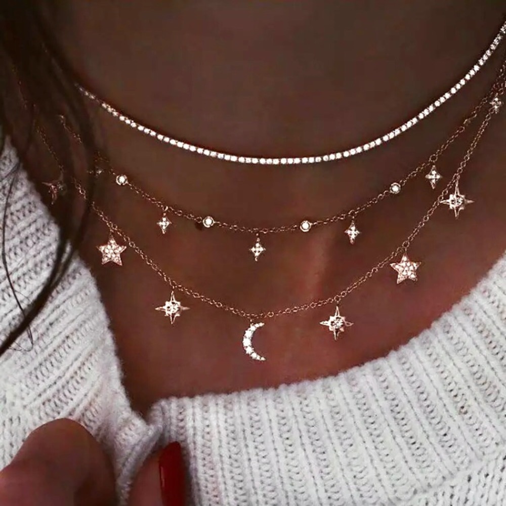 “Moon Child” Starry Diamond Night Sky Layered Trendy Gold Festival Necklace - Picture 4 of 4